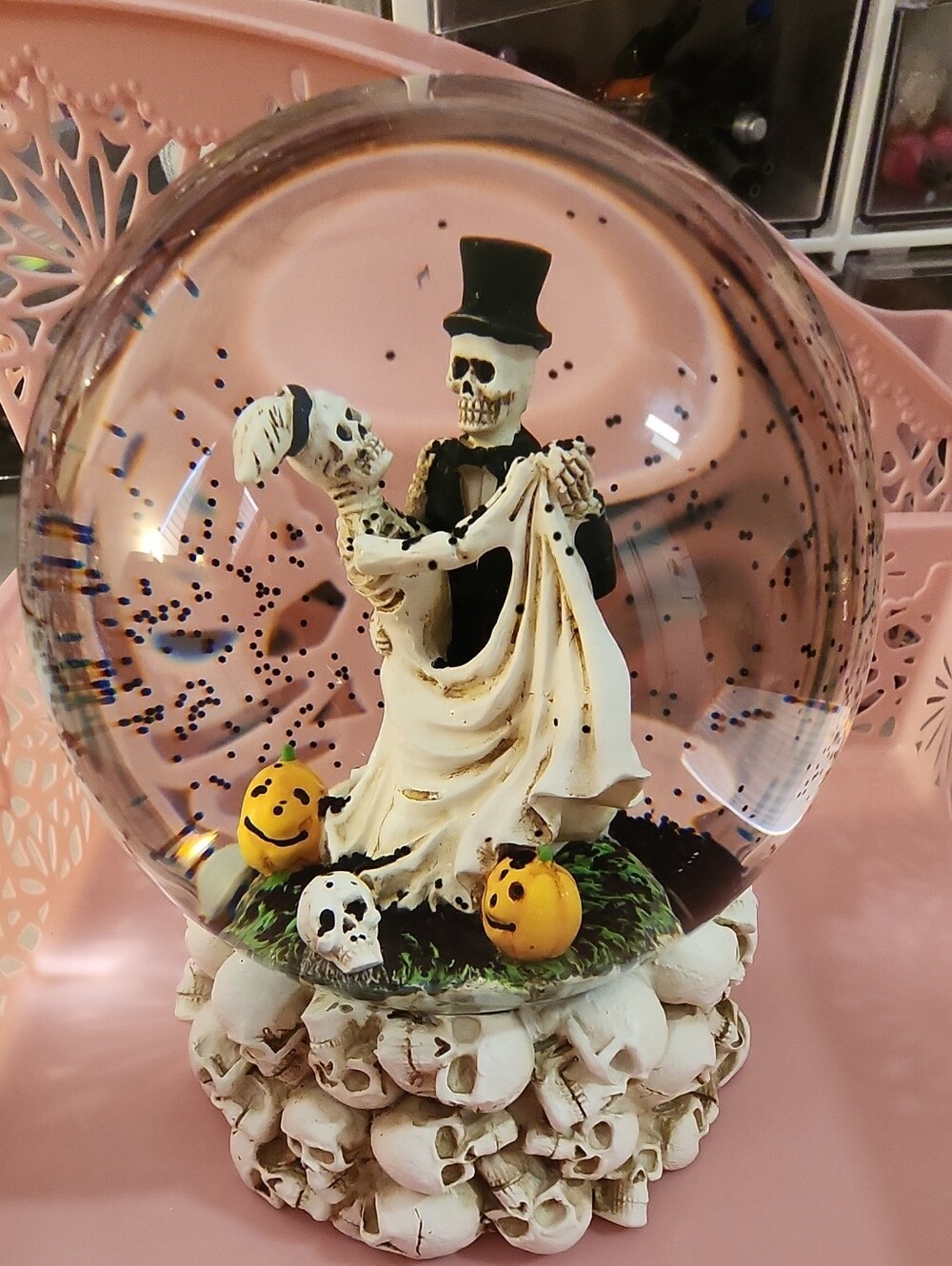 Halloween Skeleton Couple Snow Globe - Black, White, Orange
